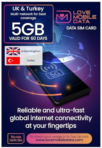 Love Mobile Data Only Sim Card - International Multi-Network 4G/5G Prepaid Pay As You Go Data Sim for Mobile Phones, WiFi Routers, & More, UK & Turkey - 5GB for 60 Days