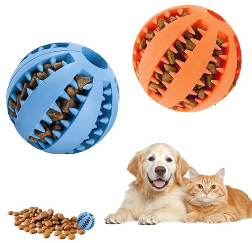 LUMOOM 2 bolas de juguete para perros, dispensador interactivo de golosinas, pelota de inteligencia, pelota resistente para perros de 6 cm de diámetro, goma natural para cachorros (azul y naranja)