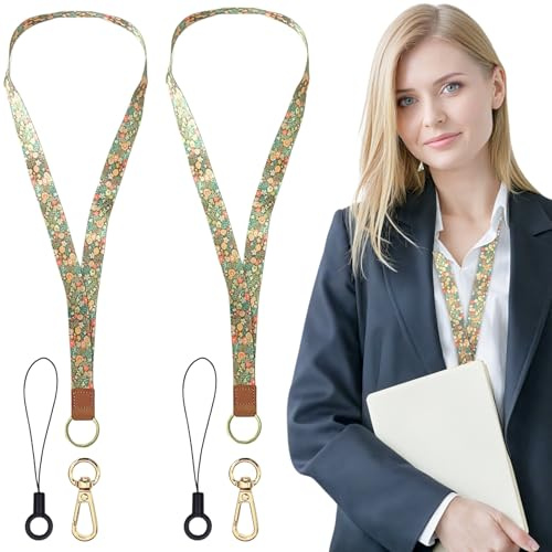 LUFFLOK 2 Piezas Flor Lanyard para Mujeres y Niñas, Porta Tarjetas para Cuello con Llaveros Metálicos, 2cm*43cm Portatarjetas Identificación Oficina Comercial Exposición Escuela (Flor)