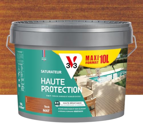 V33 Saturateur bois extérieur Teck mat - Pour terrasses et mobilier de jardin - Haute résistance eau chlorée, UV et graisse - Sans essuyage et non glissant - Résine d'origine végétale - 10L