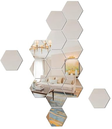 yufana 24 Stück Hexagon Wandspiegel Hexagon-Spiege,Wandaufkleber Hexagon Spiegel Silber Wandbild Sechseckiger Spiegel Wandaufkleber Acryl Hexagon Spiege, füZuhause, Wohnzimmer (Silber4)