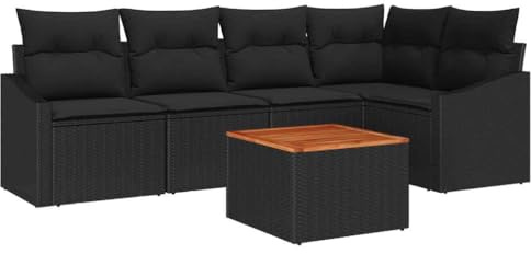 vidaXL 6-delars trädgårdsoffa med kuddar i svart poly-rattan och akacia bord. Perfekt för utomhusbruk, loungemöbler för patio, terass, veranda, bakgård och mottagningsdäck.