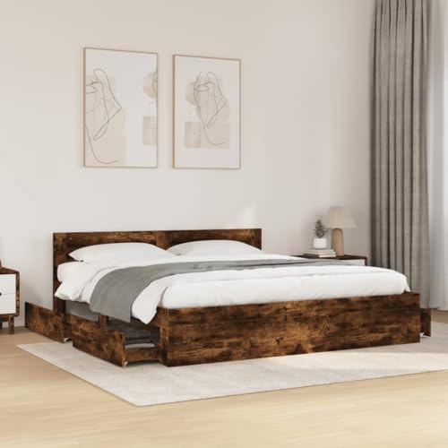 Refined Bettgestell Bett Bettrahmen mit Lattenrost Doppelbett Schlafzimmerbett mit Stauraum mit Kopfteil Räuchereiche 180x200 cm Holzwerkstoff