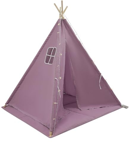 Tipi tält för barn, 120 x 120 x 140 cm, Tippi barntält, inomhus, fällbart lektält, barn, inomhustält, barnrum med matta, ljusslinga (lila)