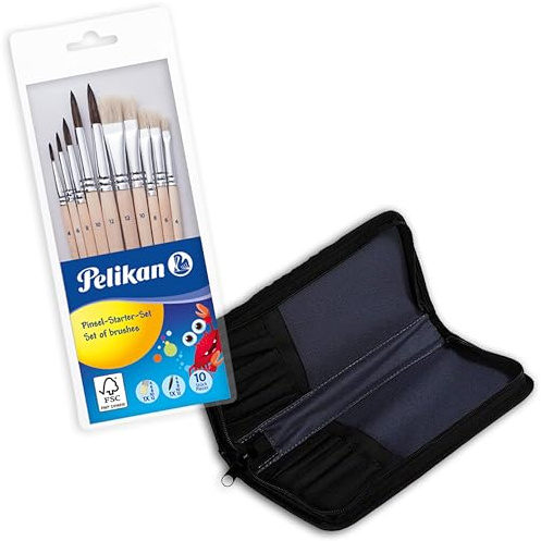 Pelikan Premium Schulpinsel-Set mit 4 Haar- und 4 Borsten-Pinseln, 8 Stück (1a Pinseltasche + 10 Pinsel)