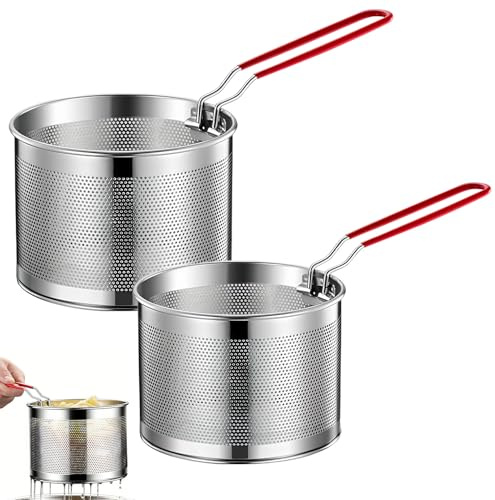 FuxFuis 2 PCS Passoire Alimentaire en Acier Inoxydable, Passoire à Pâtes, Panier pour Friteuse Ronde, Passoire à Nouilles, Passoire Cuisine Inox avec Poignée pour Laver Égoutter Frire, 16cm et 18cm