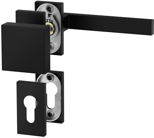 ERGO line CUBE Links, Profiltür-Drückergarnitur mit Festem Türknopf, Oval-Rosette, Schwarz Eckig Türbeschlag, PZ-Rosette, Rosettengarnitur für Rahmentüren, Schmalrahmenbeschläge