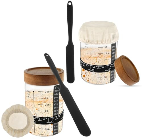 Sauerteig Starter 2 Teiliges Set 1000ml Sauerteig Glas mit Holzdeckel und Spatel Wiederverwendbarer Sourdough Starter Kit, Fermentierglas Brot Backen Zubehör zum Backen von Sauerteigbrot