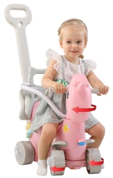 Schaukelpferd mit Schiebegriff, Kunststoff Schaukeltier in Türkis und Rosa, 87 x 88 x 42 cm, Sicherheitsgurt und Tisch, Verbreiterte Bodenplatte, Drehbarer Griff für Kinder 1-4 Jahre (Cherry-Pink)