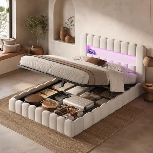 Polsterbett Doppelbett 180x200, Bubble Bett mit Hydraulischem Stauraum, LED Jugendbett Hydraulisch mit USB Typ-C, Bett 180x200 mit Bettkasten, Leinenstoff, ohne Matratze, Beige