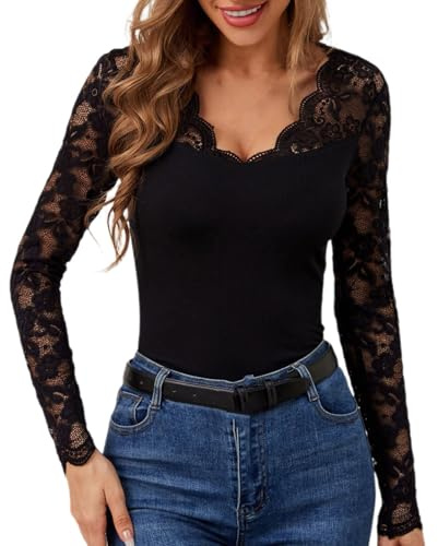 Maglietta Donna Trasparente Aderente Sexy Sottogiacca Pizzo Elegante Manica Lunga Maglia Pizzo Curvy Scollo a V Mesh Top Elasticizzato Party Camicia Velato Feste T-Shirt In Tulle Blusa In Rete