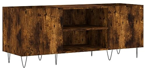 Teenpull Armoire à panneaux en chêne fumé 121 x 38 x 48 cm, matériau en bois robuste avec pieds en fer, meuble polyvalent pour disques vinyles et tourne-disques dans le salon