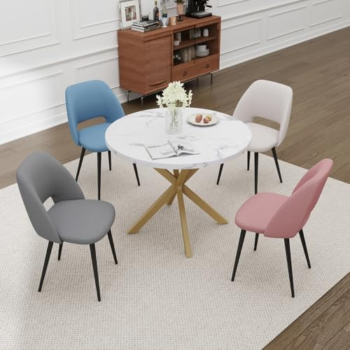 JZGORC Set Tavolo da Pranzo e Sedie, Tavolo da Pranzo Rotondo in MDF da 100 CM, 4 Sedie da Cucina in Velluto a Coste con Schienale Cavo, per Soggiorno, Cucina (Motivo Marmoreo-GD+Combinazione 1)