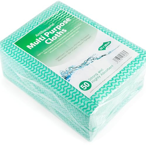 Antibacterial Green Wave Cleaning Cloths, Pack of 50 - Multi-Purpose Hygienic Wipes, Strong, Absorbent All Purpose Cloths for Kitchen, Catering & Commercial Use (Green)