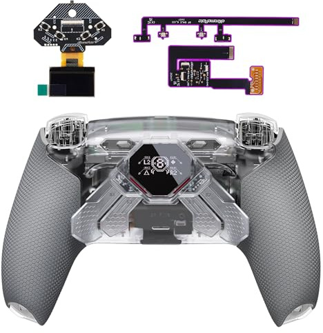 eXtremeRate SPARK Back Paddles Kit for PS5 Controller BDM-030 040 050 060 Models, OLED Display + Clicky Trigger Stops + Rubberized Grips Remappable 4 Back Buttons Set for PS5 Controller - Clear & Gray
