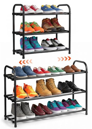 WUFANC Schuhregal Platzsparend 3 Ebenen für Diele/Flur/Kleiderschrank | Ausziehbar Schuhregal Metall (45-85cm), Schuhregal Outdoor, Starker Schuhregals Camping, Einfach Montiert Schwarz Shoe Rack