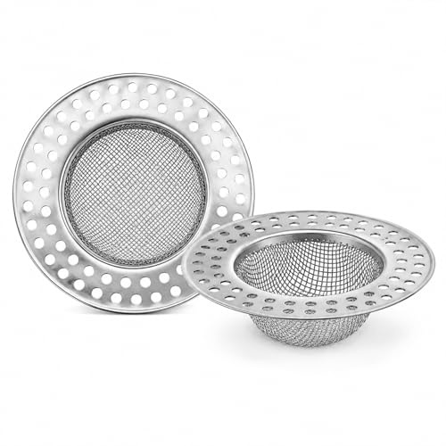 Set de 2 Coladores de Desagüe de Acero Inoxidable - 5.3 cm de Diámetro Interior - Filtro Fino para Pelo para Ducha, Bañera y Lavabo - Filtro de Desagüe Inoxidable contra Atascos | 7.8 cm Colador para el pelo de ducha inoxidable, colador de desagüe, agujeros para fregadero de cocina, bañera