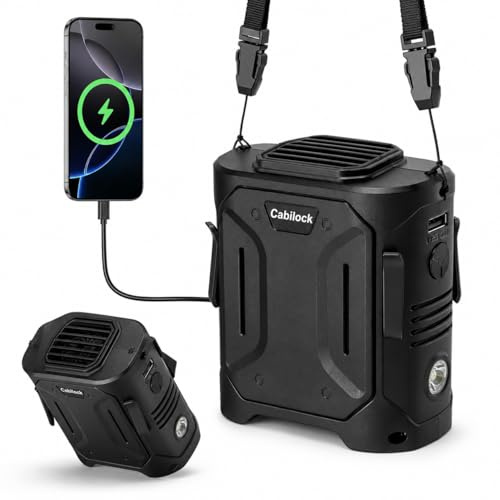 Cabilock Portable Waist Fan 5-Speed Clip-On Body Fan with LED Light 4000mAh | Hands-free belt, shirt and neck wear, SOS alert, backup charging for compatible devices