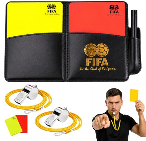 ikBrtaiay Schiedsrichter Karten Set Fußball, Gelbe und Rote Karte Fußball mit Metall Schiri Pfeife mit Lanyard, Ergebnisbögen und Bleistift Schiedsrichterausrüstung für Fußballspiele