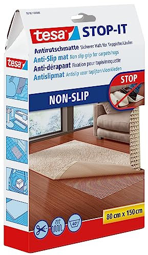 tesa STOP-IT Antiscivolo per tappeti, Sottotappeto antiscivolo per tappeti decorativi, Adatto a pavimenti in legno, parquet, piastrelle, marmo e pietra, Beige, 150 cm x 80 cm