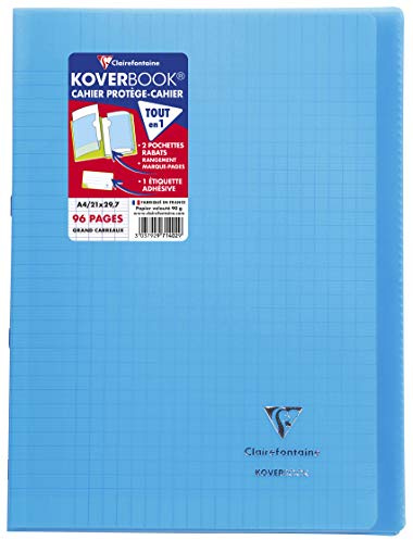 Clairefontaine 971402C - Schulheft / Heft Koverbook DIN A4 21x29,7cm, 48 Blatt 90g, französische Lineatur, Einband aus transparentem PP, 2 Klarsichthüllen + 1 Etikett, geheftet, Blau, 1 Stück