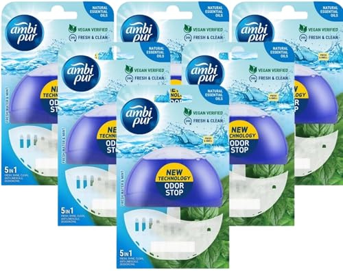 6 Stück - Ambi Pur Toilettenblockhalter + Nachfüllpackung 55ml - Fresh Water & Mint.