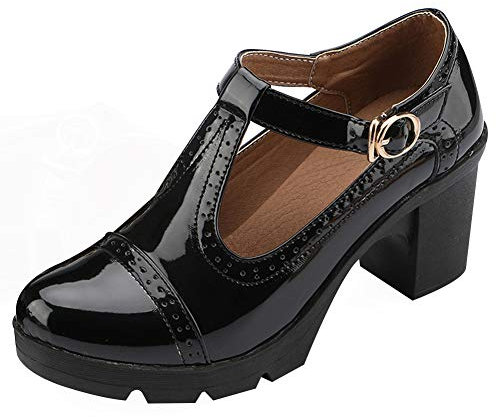 ANUFER Mujer Tacón de Bloque Medio T-Correa Brogues Pumps Mary Janes Uniforme Oficina Zapatos de Vestir SN020216 Negro EU38