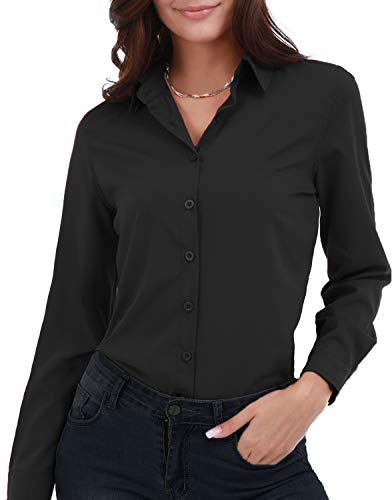 Gemolly Camisa básica de manga larga con botones para mujer, talla grande, simple, elástica, formal, casual, Negro, M