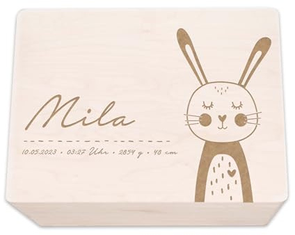 hellomini Personalisierte Erinnerungsbox aus Holz • Gravierte Aufbewahrungsbox mit Namen & Geburtsdaten • Geschenk zur Geburt, Taufe & Geburtstag • Hochwertige Baby-Erinnerungskiste (Hase)