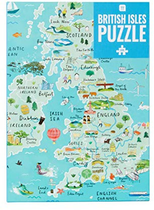 1000-piece Blue UK Map British Isles Jigsaw Puzzle with Poster - Britain Landmarks - Fun at Home Activities, Birthday Present, Travel Gifts, England, Ireland, Scotland, Wales
