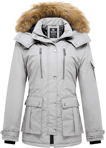 Wantdo, dam, vinter, bomull. vadderad kappa, varm vindtät utomhusjacka, klassisk, medellång parkas, fuskpäls, luva, rock, GRÅ, M