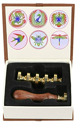 ANBOSE Wachssiegel-Stempel-Set mit 6 abnehmbaren Messing-Köpfen und 1 Holzgriff, Drache, Pfau, Phönix, Einhorn, Biene, Siegelwachs-Stempel für Briefkarten, Einladungen