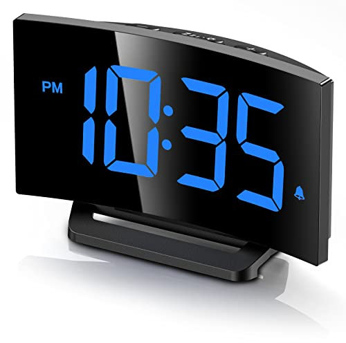 GOLOZA Digital Alarm Clock for Bedrooms with Modern Curved Design, Conspicuous Blue LED Numbers, 6 Levels Brightness, 2 Volume, 3 Alarm Tones, Snooze, Power-Off Memory, 12/24H, Bedside Clock