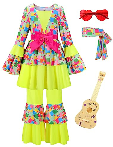 ReliBeauty Déguisement Hippie pour Filles Costume Disco Diva pour Enfant pour 70s 80s 60s Année 9-10ans, 130