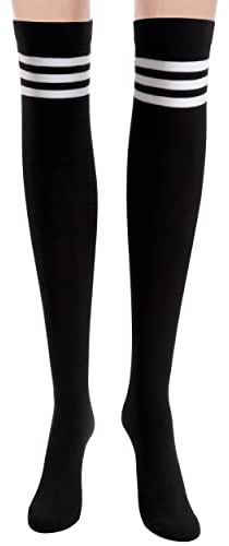 Newellsail Calze al Ginocchio da Donna Calze Alte alla Coscia Calzini Alti Sopra il Ginocchio Lunghe Calzini a Righe Calzettoni da Cheerleader 1 Paio (Nero)