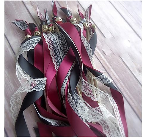Egurs Wedding Wands mit Glöckchen Hochzeitsbändern Hochzeit Luftschlangen Holzstäbchen Zauberstäbe für Hochzeiten Geburtstage Weihnachten Partys Feiertagsfeiern Burgunderrot + Schwarz 50 Stück