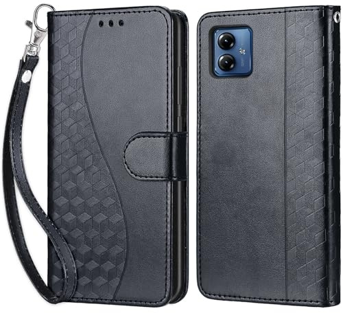 KENHONER Funda para Motorola Moto G14, Negro 3D Cubo | Cuero PU, Cierre Magnético, Antichoque, Flip Cuero, Ranura, Tarjeta Plegable Billetera