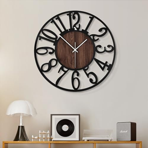 HAITANG 40cm Große Schwarz Wanduhr, Wohnzimmeruhr, Dekoration Vintage-Stil geräuschlose Nicht tickende Metall Holz wanduhr für Bauernhaus, Esszimmer, Schlafzimmer, Küche, Zuhause Wanddekoration