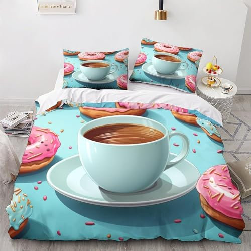 Copripiumino Matrimoniale 240x220 Ciambella, Set di Biancheria da Letto Caffè in Morbida Microfibra Stampata in 3D con Cerniera Copripiumone con 2 Federe 448-H