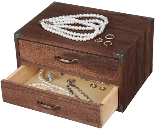 MAGICLULU Wooden Drawer Storage Box Vintage Style Desktop Organizer with 2 Drawers Compact Storage for Office Jewelry Cosmetics and Home Use