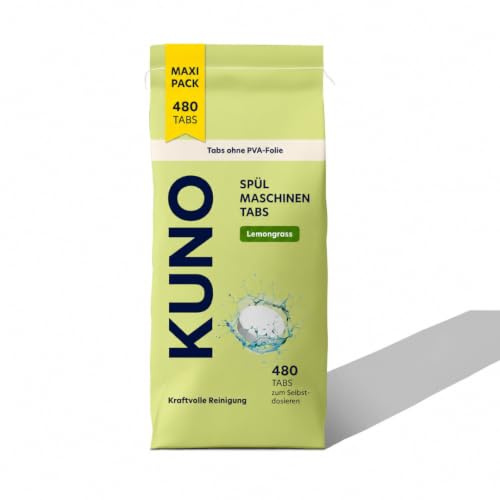 Kuno Spülmaschinentabs Lemongrass 480 Stück – ohne PVA-Folie | Ab 40 °C wirksam, keine PVA-Folie, Papierverpackung ohne Plastik, phosphatfrei, Inhaltsstoffe über 90% biologisch abbaubar