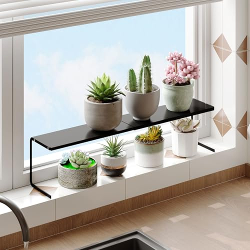 Extendable Small Narrow Shelf for Windowsill Kitchen, Spice Rack Organizer | Black, 1pc, Stackable, Tall Windowsill Plant Shelf, For Narrow Space Countertop Storage, Sturdy & Durable, Holds Up to 33 lbs