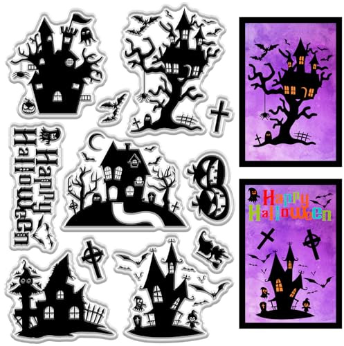 craspire Geisterhaus Stempel „Happy Halloween“ Transparenter Stempel Spukschloss Baum Fledermäuse Spinne Kreuz Geist Kürbis Hexe Wiederverwendbare Siegelstempel Für Tagebuch Karte Foto Scrapbooking