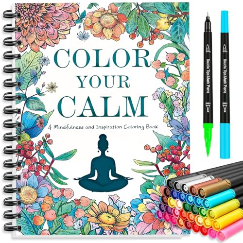 Coloring Books for Adults with 36 Dual-Tip Markers, 30 Patterns Positive Quotes Adult Coloring Book for Adults Relaxation, Calming Gifts for Anxiety and Mindfulness Gifts for Women