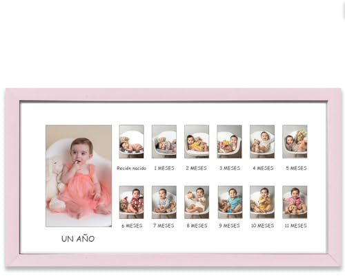Ichigo Ichie Marco de Fotos de Madera del Primer Año del Bebé, Marco de Fotos Mensual para Recién Nacidos de 12 Meses - Recuerdos Primer Año y Momentos Especiales, 25 x 45 cm (Horizontal, Rosa)