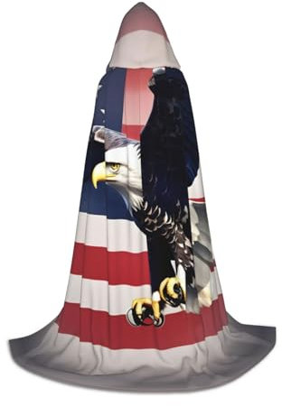 SDEGTHO 3D Weißkopfseeadler fliegend mit amerikanischer Flagge, Halloween-Kapuzenumhang, langer Kapuzenumhang, Karneval, Umhang, Kostüme, Kapuzenumhang, Maskerade