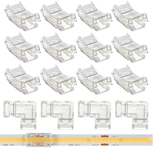 GTIWUNG COB 2 Pin 8mm Conector Kit, Conectores Tiras LED de 2 Pines y 8 mm de Ancho, 4 Piezas Conectores en L y 12 Piezas Conector Directo, Transparente, Sin Soldadura