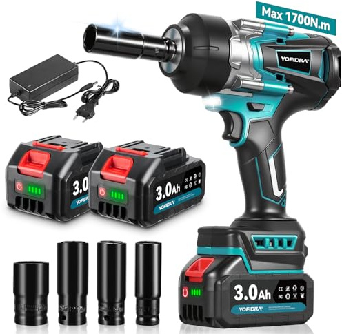 Yofidra Avvitatore a Impulsi Senza Filo 1700Nm, 1/2 Avvitatore a Batteria con 2 x 3000mAh, 3 Velocità, Luce LED, 4 Bussole, Avvitatore Elettrico a Impulsi Adatto per Auto Familiare/Pickup/Tosaerba