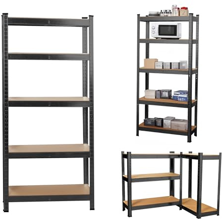 5-Tier Heavy Duty Garage Shelving Units – 875kg Capacity Steel Storage Shelves, Boltless Assembly, Adjustable Height & Layout for Warehouse, Living Room, Kitchen, Bedroom (Black, 70x30x154cm)