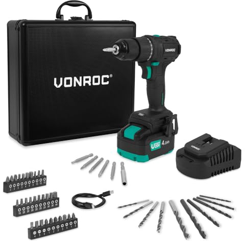 VONROC PRO Perceuse sans fil 20 V – 40 Nm – Moteur sans balais – 17 réglages de couple + mode perceuse – Avec batterie 4,0 Ah, chargeur et 46 accessoires dans un coffret haut de gamme